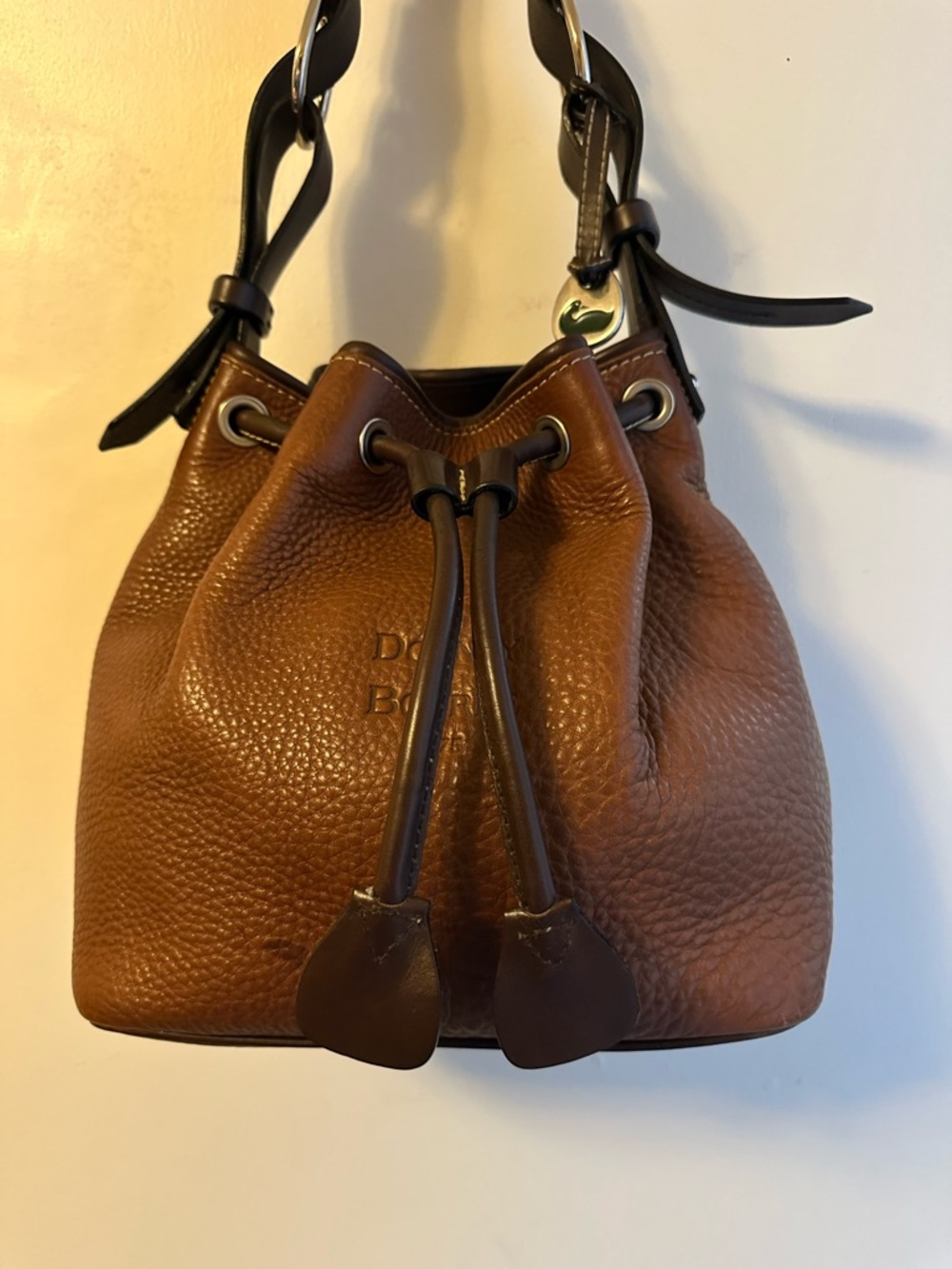 Dooney & Bourke Brown Leather Drawstring Shoulder Bag with Dark Brown Trim - Picture 14 of 16